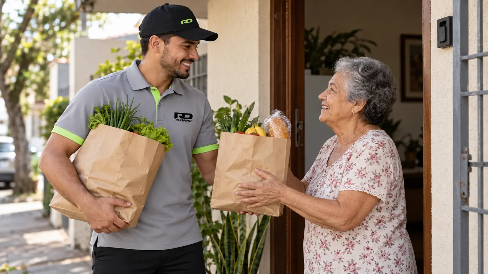Cliente recebendo compras de supermercado da RD Transporte