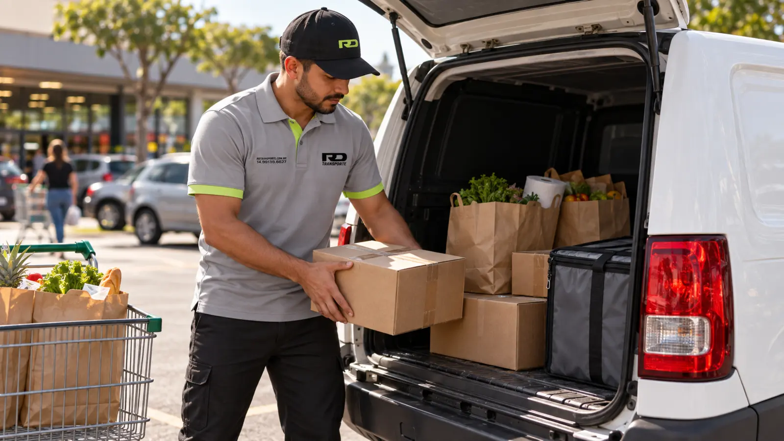Entregador da RD organizando mercadorias no veículo