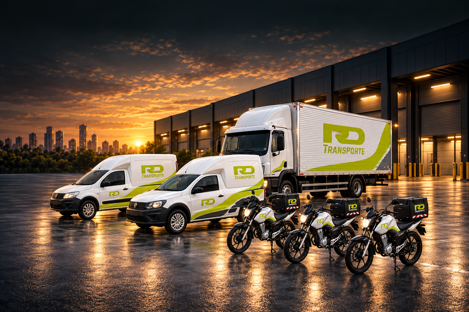 Frota RD Transporte com caminhão, dois veículos de carga e três motos de entrega